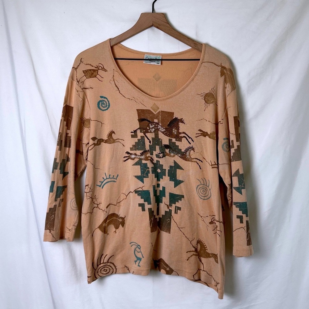 Cactus Bay Womens Southwestern Horse Rhinestone Top Tan Size XXL Western Boho